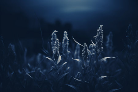 a field of grass at night with the moon in the backgroundの素材