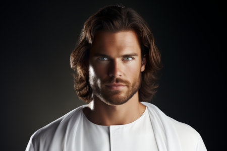 a man with long hair and a white shirtの素材