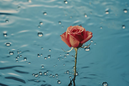 a single red rose floating in water with drops of waterの素材
