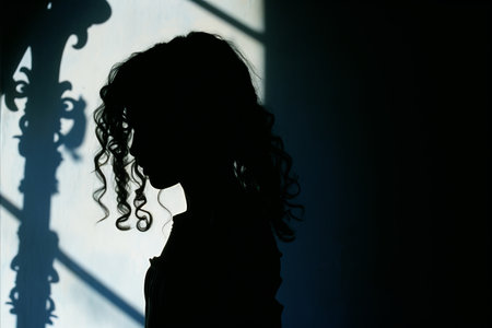 a silhouette of a young girl standing in front of a windowの素材