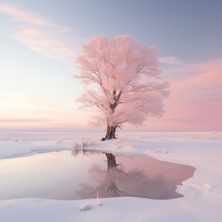 a pink tree stands in the middle of a snowy fieldの素材