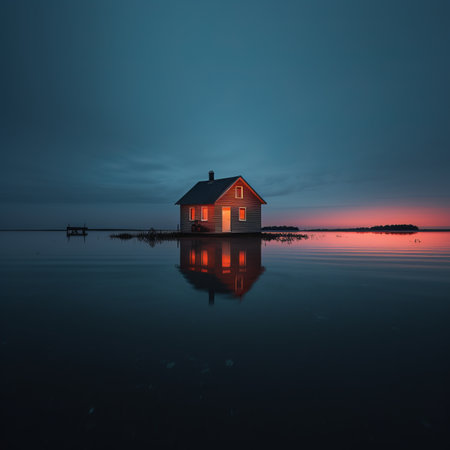 a house in the middle of a lake at sunsetの素材