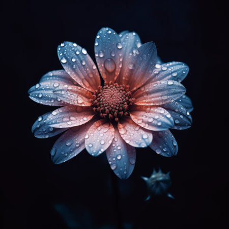 a single pink flower with water droplets on itの素材