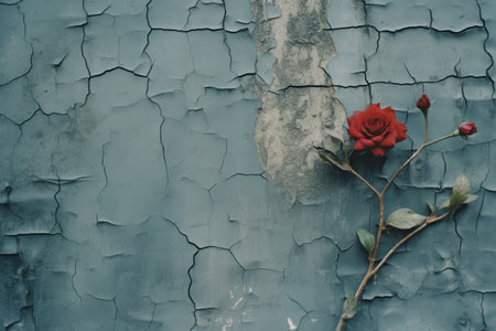 a single red rose is sitting on a cracked wallの素材