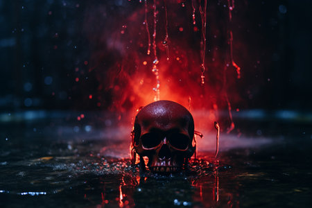 a skull in the water with red liquid coming out of itの素材