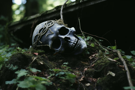 a skull is sitting on the ground in the woodsの素材