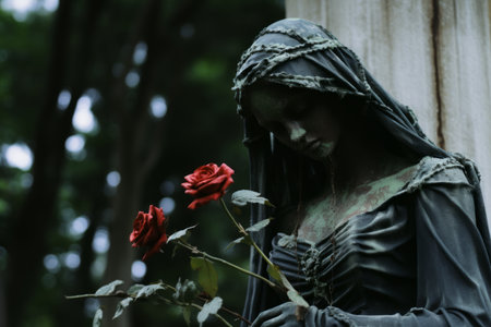 a statue of a woman holding a red roseの素材