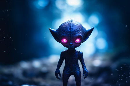 a small alien with glowing eyes standing in the darkの素材