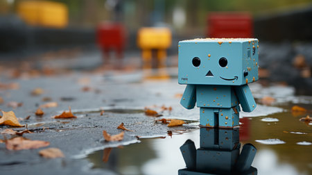 a small blue robot standing in a puddle of waterの素材