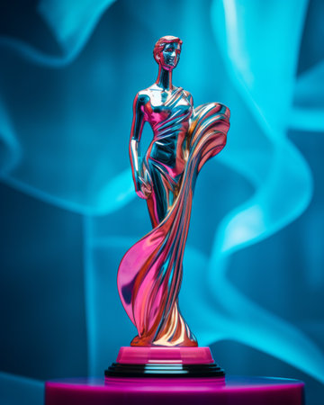 a statue of a woman holding a ribbon in front of a blue backgroundの素材