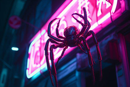 a spider is hanging from a neon sign in front of a buildingの素材