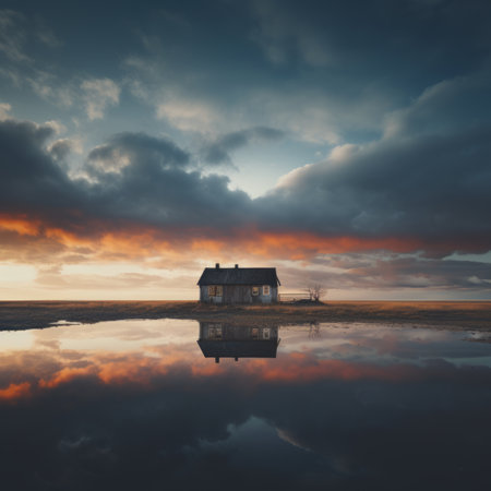 a small house is reflected in the water at sunsetの素材