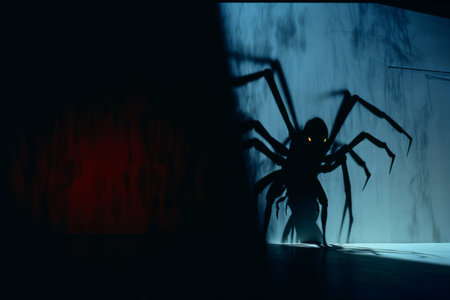 a spider in a dark room with light coming from the wallの素材