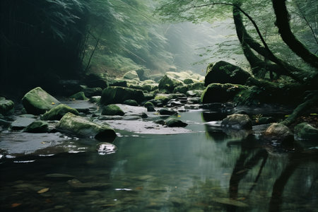 a stream running through a forest with rocks and treesの素材