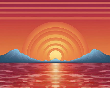 a sunset over the ocean with mountains in the backgroundの素材