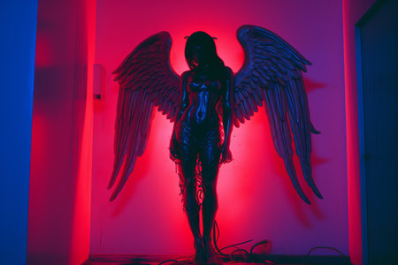 a statue of an angel in a room with red lightingの素材