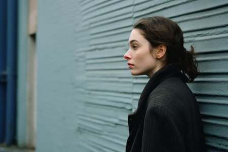 a woman in a black coat leaning against a blue wallの素材