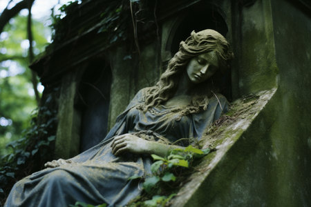 a statue of a woman resting on a tombstoneの素材