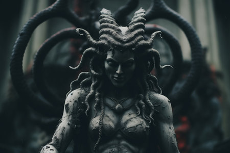 a statue of a woman with horns on her headの素材