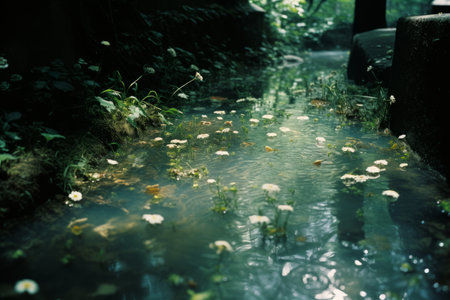 a stream of water with flowers floating in itの素材