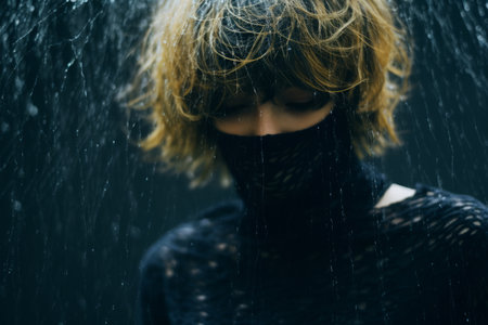 a woman in a black hoodie is standing in the rainの素材