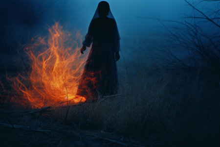 a woman in a black dress standing in front of a fireの素材