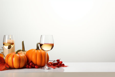a table with wine glasses and pumpkins on itの素材