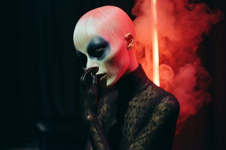 a woman in a black dress with smoke coming out of her mouthの素材