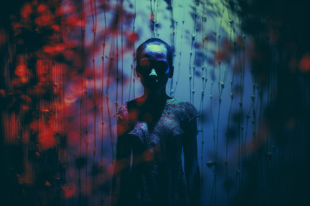 a woman in a dark room with red and blue lightsの素材