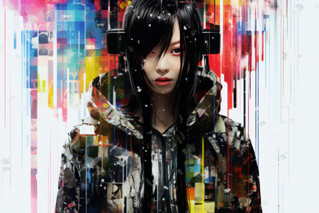 a woman in a hoodie and headphones is standing in front of a colorful backgroundの素材