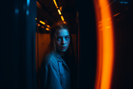 a woman in a dark room with neon lightsの素材