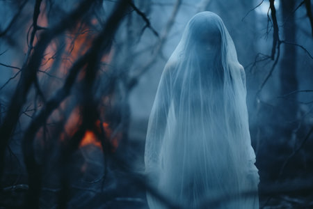 a woman in a ghostly white dress standing in the woodsの素材
