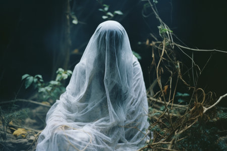 a woman in a ghostly white dress sitting in the woodsの素材