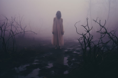 a woman in a long dress standing in a foggy forestの素材