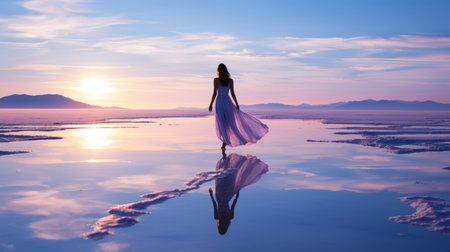 a woman in a long dress standing on the salt flats at sunsetの素材