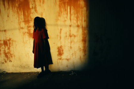 a woman in a red dress standing in front of a wallの素材