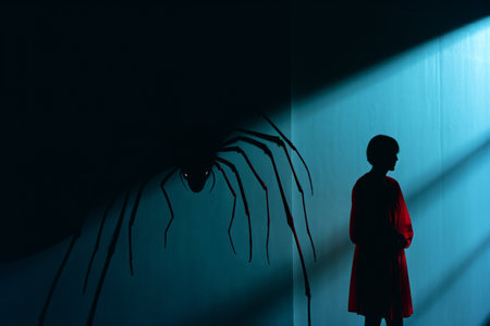 a woman in a red dress standing in front of a spiderの素材