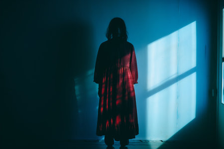 a woman in a red dress standing in front of a windowの素材