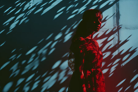 a woman in a red dress standing in front of a wallの素材