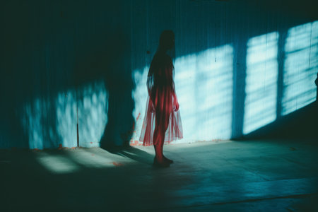 a woman in a red dress standing in front of a blue wallの素材