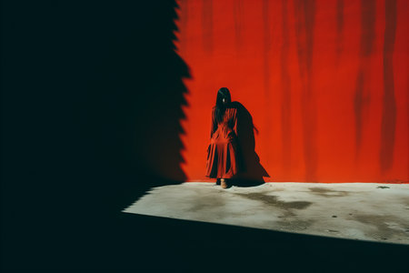 a woman in a red dress standing in front of a red wallの素材