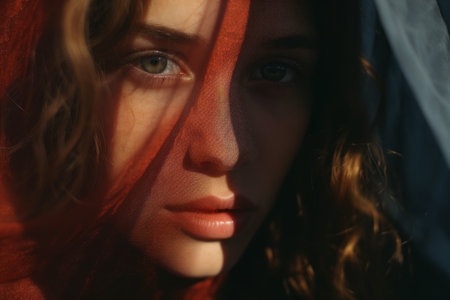 a woman in a red veil is looking at the cameraの素材