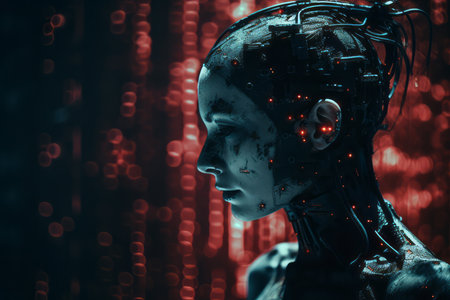 a woman in a robot suit with red lights behind herの素材