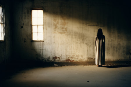 a woman in a white dress standing in an empty roomの素材