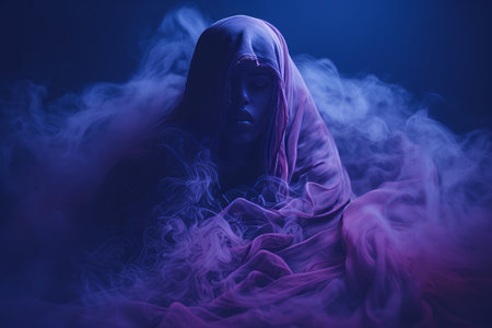 a woman in a veil is surrounded by smokeの素材