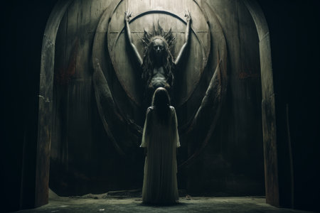 a woman in a white dress standing in front of a dark doorの素材