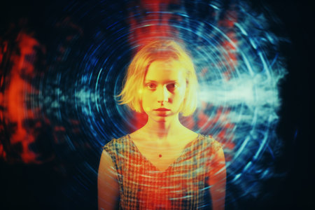 a woman in front of a blue and red swirlの素材