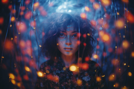 a woman in the dark with lights around herの素材