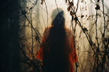 a woman in an orange dress is standing in a dark forestの素材