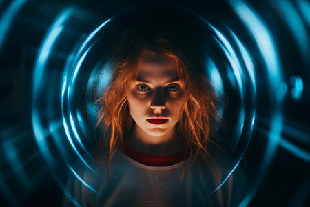 a woman in a white shirt and red hair is looking into the cameraの素材